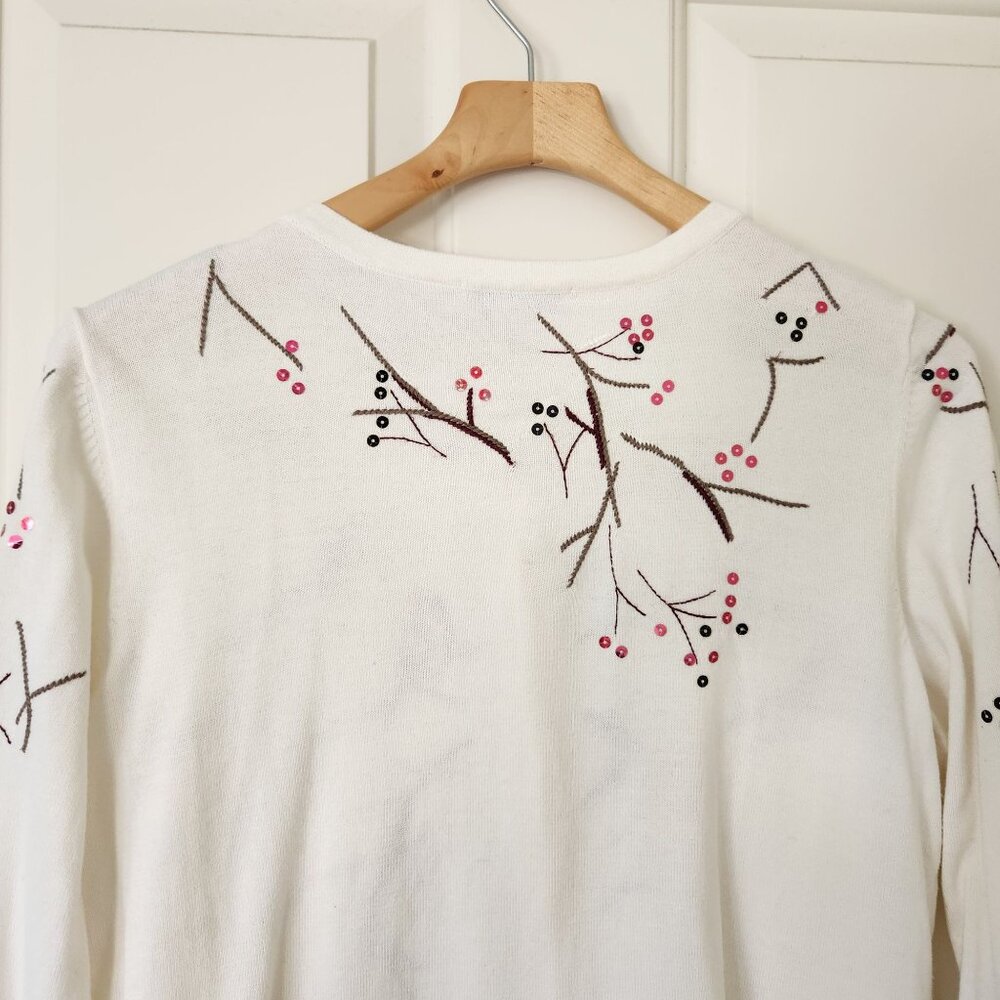 Embroidered Cardinal Sequins Cardigan Sweater Cream Red Grandma Winter Holiday - Picture 6 of 13